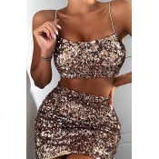 Lovely Sexy Sequined Gold Two-piece Skirt Set