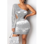 Lovely Sexy One Shoulder Silver Mini Dress