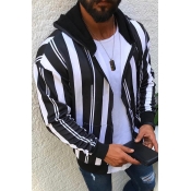 Lovely Casual Hooded Collar Striped Black Jacket