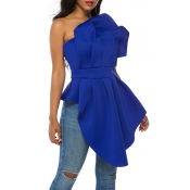 Lovely Trendy One Shoulder Blue Blouse