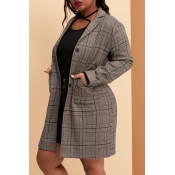 Lovely Casual Plaid Printed Coffee Plus Size Blaze