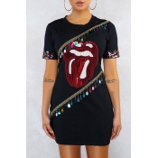 Lovely Casual Lip Sequined Black Mini Dress