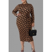 Lovely Casual Printed Brown Knee Length Plus Size 