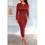 Lovely Casual Knot Design Wine Red Ankle Length Dr