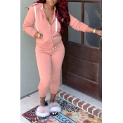 LW Casual Hooded Collar Pink Two Piece Pants Set