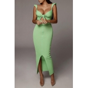 Lovely Sweet Hollow-out Green Ankle Length Dress
