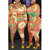 Lovely Casual Printed Orange Plus Size Two-piece P
