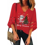 Lovely Christmas Day Printed Red Blouse