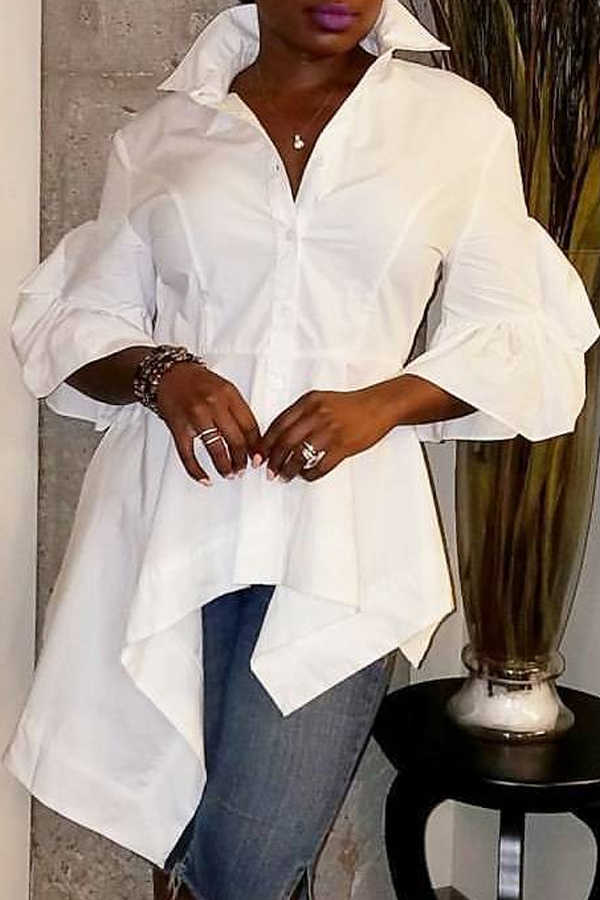 

Lovely Casual Turndown Collar Asymmetrical White Blouse