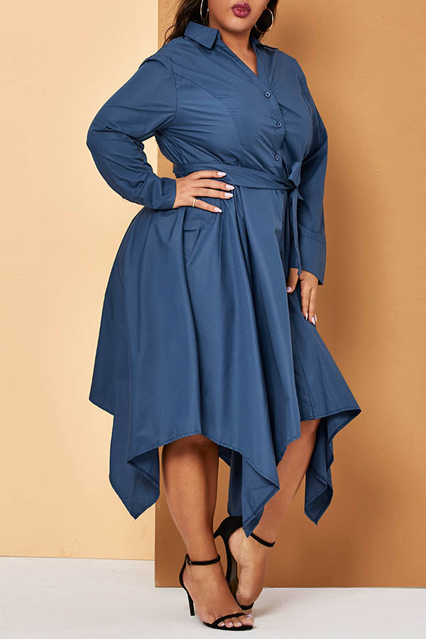

Lovely Casual Turndown Collar Blue Ankle Length Plus Size Dress