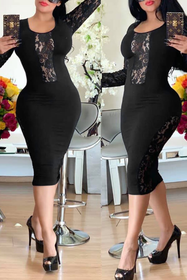 

Lovely Sweet O Neck Patchwork Black Knee Length Dress