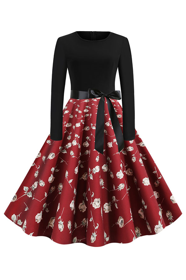 

Lovely Christmas Day Printed Red Mid Calf Dress