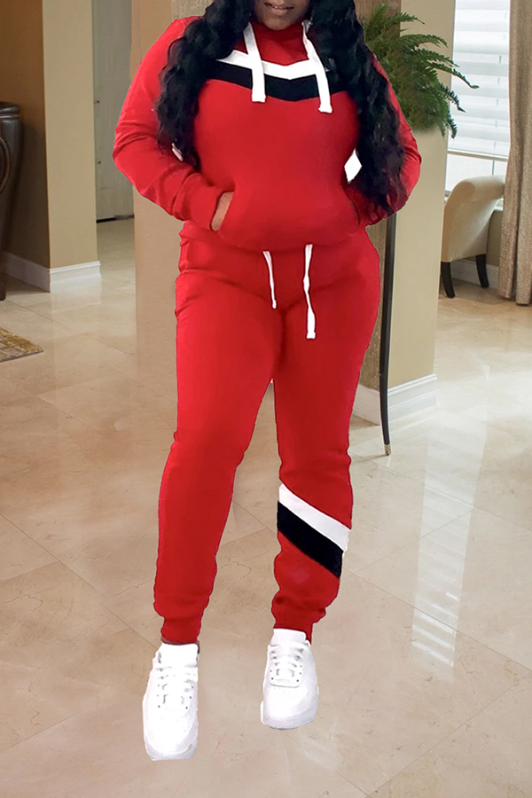 

Lovely Casual Hooded Collar Patchwork Red Two-piece Pants Set