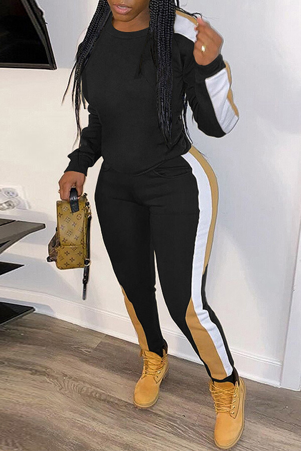 

Lovely Casual Hooded Collar Patchwork Black Two-piece Pants Set