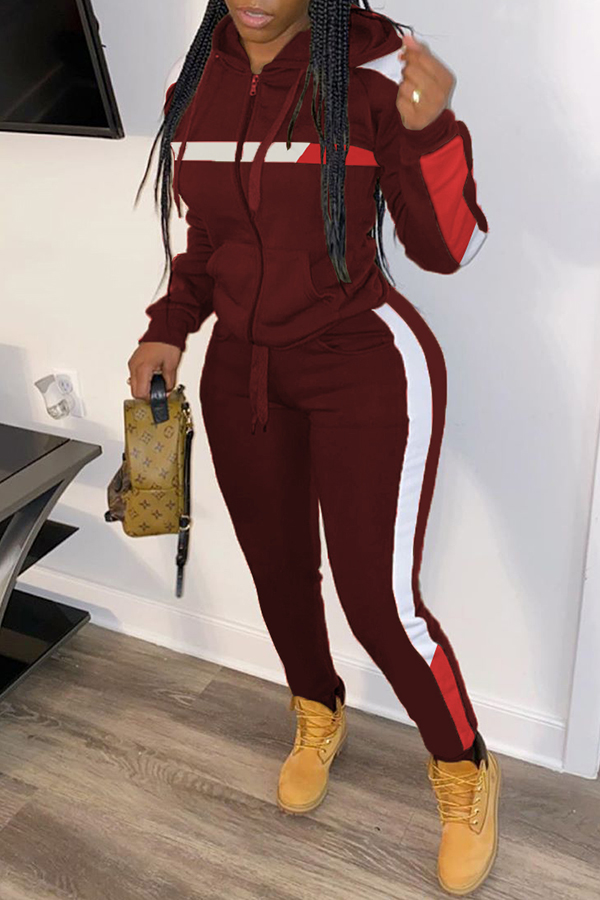 Lovely Trendy Hooded Collar Patchwork Wine Red Two-piece Pants Set