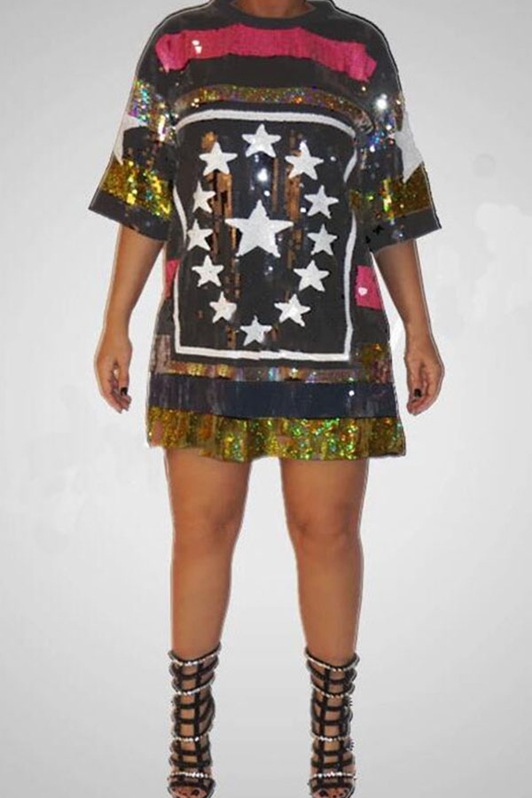 

Lovely Casual Sequined Multicolor Plus Size Mini Dress, Multi