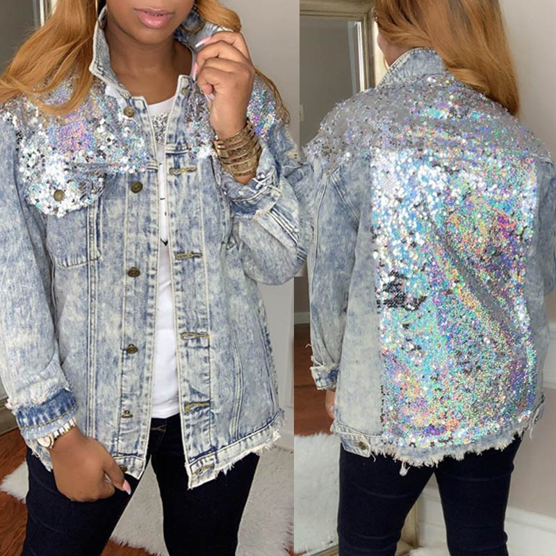 

Lovely Casual Basic Sequined Patchwork Baby Blue Jacket