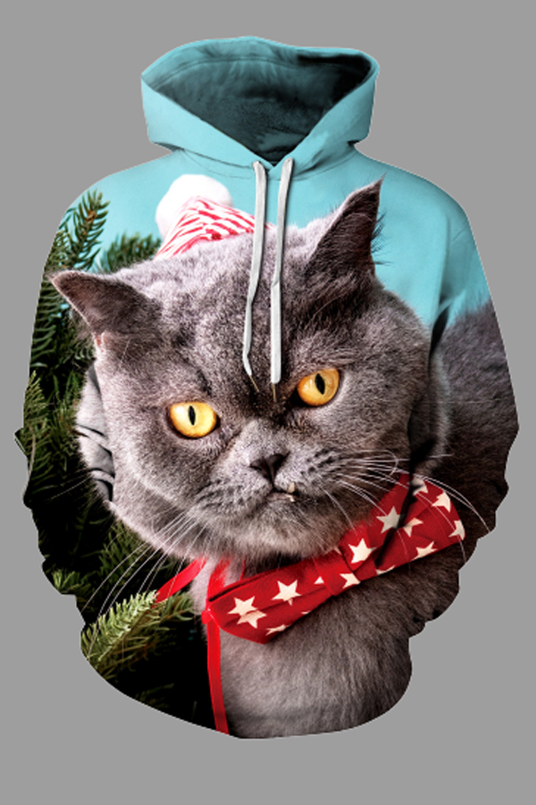 

Lovely Christmas Day Cat Printed Multicolor Plus Size Hoodie, Multi