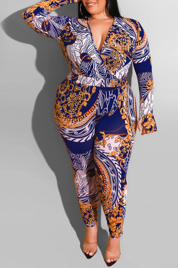 

Lovely Casual Printed Blue Plus Size One-piece Jumpsuit