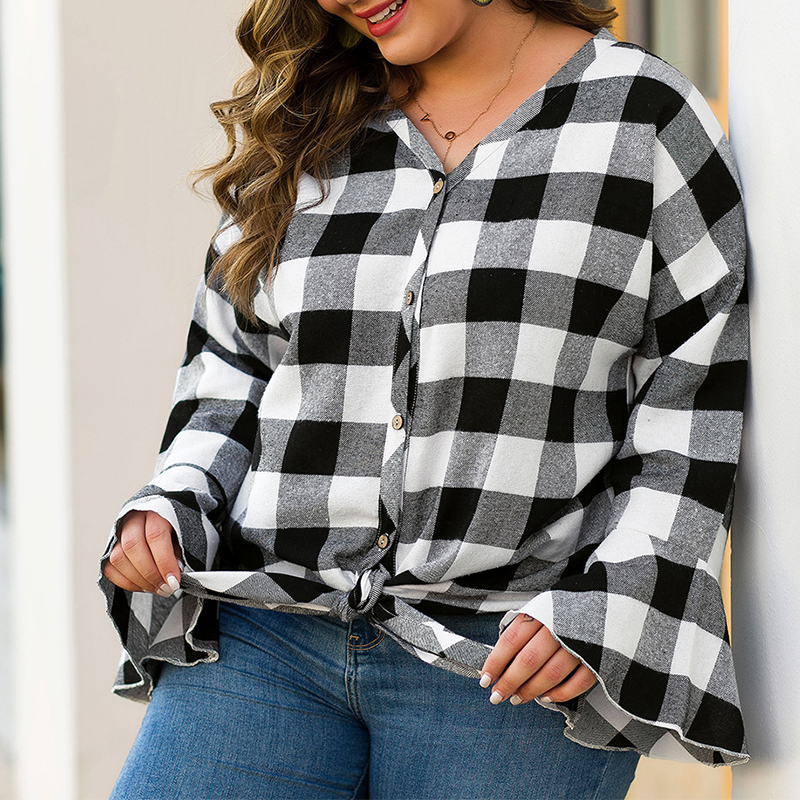 Cheap Plus Size Blouses&Shirts Lovely Casual Plaid Printed Black Plus