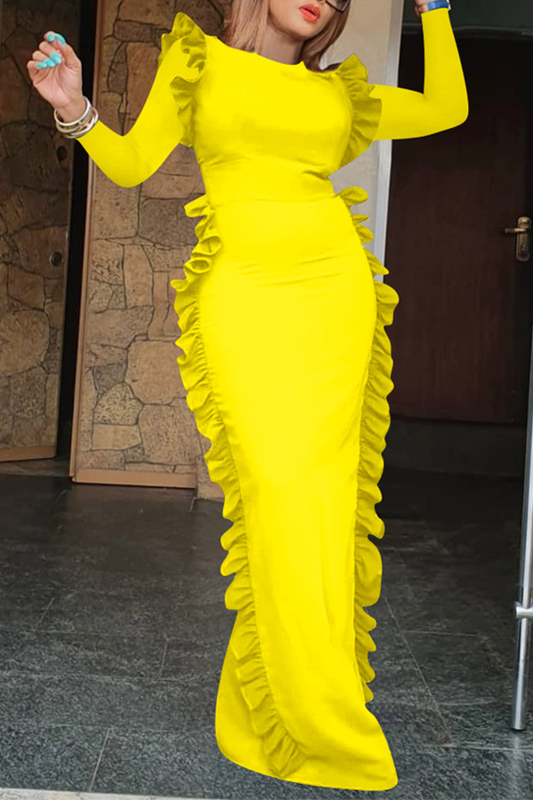 Lovely Casual Flounce Design Yellow Floor Length Dress