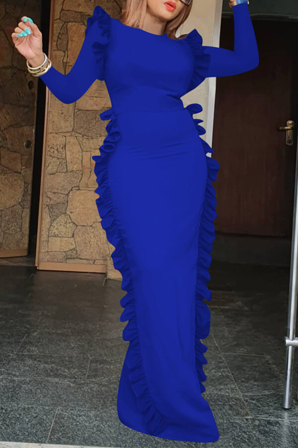 

Lovely Casual Flounce Design Blue Floor Length Dress