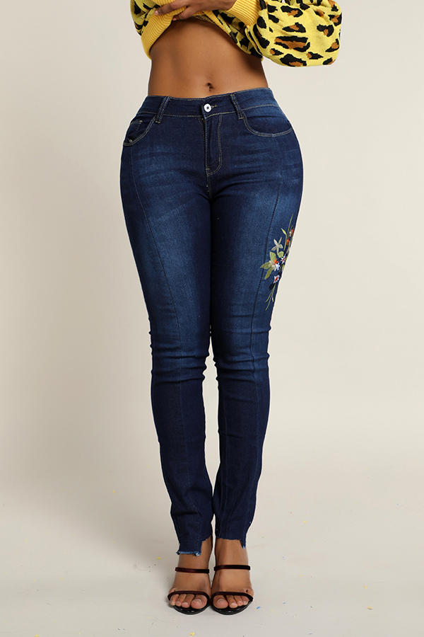 Cheap Jeans Lovely Casual Embroidered Design Deep Blue Jeans