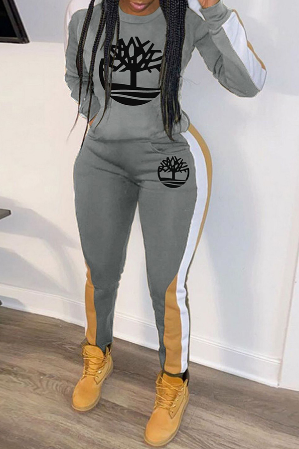 

Lovely Casual Hooded Collar Printed Grey Two-piece Pants Set