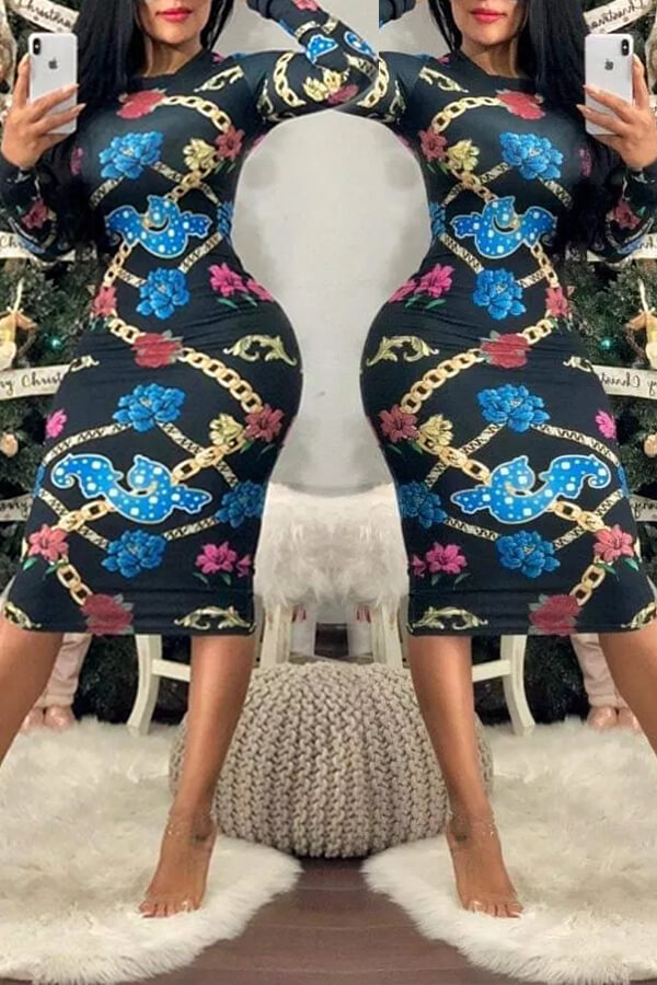 

Lovely Casual Printed Skinny Blue Knee Length Dress