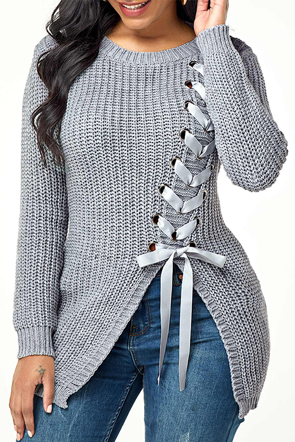 Cheap Sweaters & Cardigans Lovely Trendy Bandage Design Grey Sweater