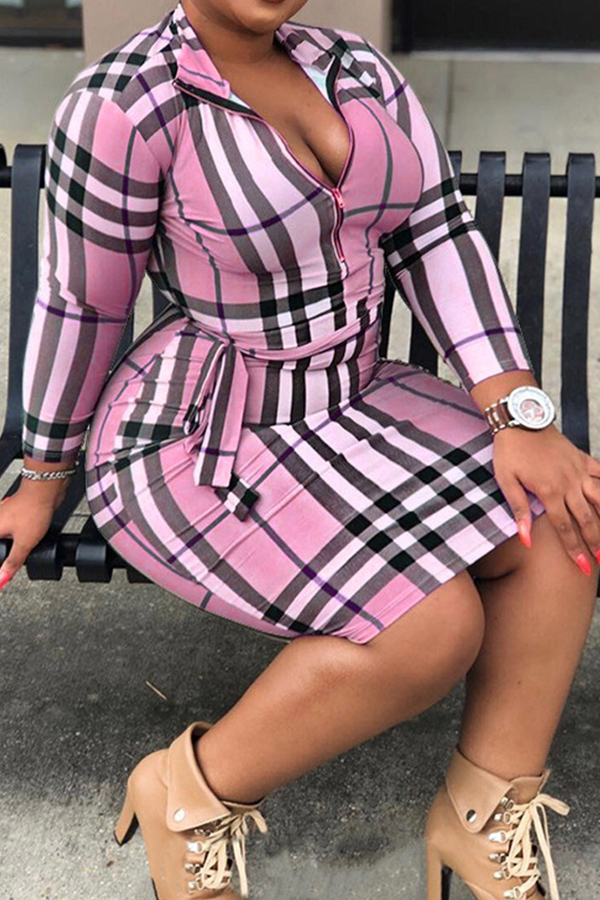 

Lovely Casual Plaid Printed Pink Plus Size Mini Dress