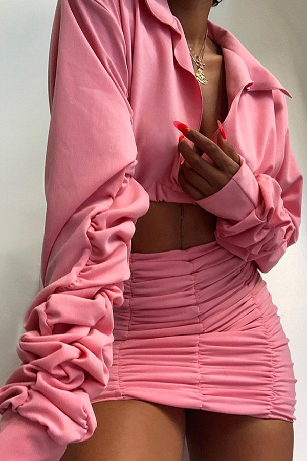 

Lovely Street Ruffle Design Pink Two-piece Skirt Set