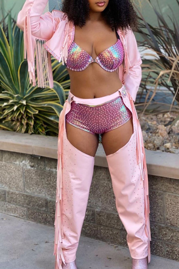 

Lovely Sexy Tassel Design Pink Two-piece Pants Set