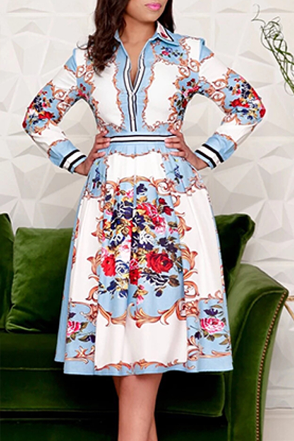 

Lovely Casual Turndown Collar Printed Multicolor Knee Length Dress, Multi