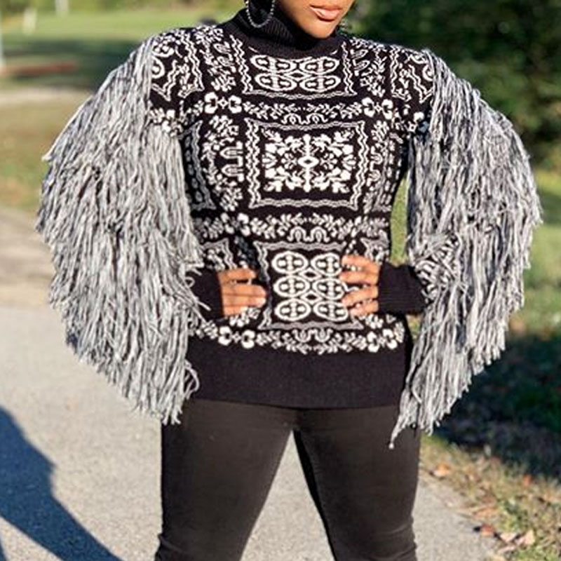 

Lovely Casual Turtlenecke Tassel Design Black Sweater