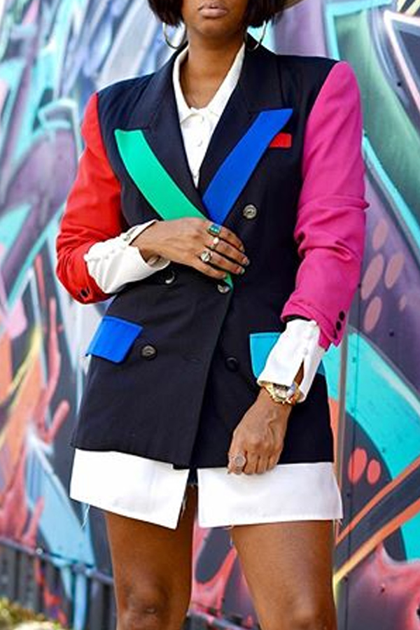 

Lovely Casual Color-lump Patchwork Black Blazer