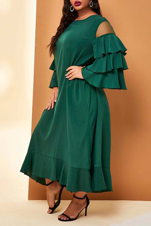 

Lovely Casual Flounce Patchwork Green Ankle Length Plus Size Dress
