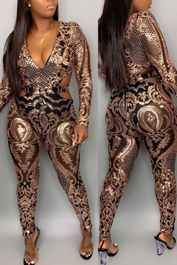 

Lovely Trendy Hollow-out Printed Black One-piece Jumpsuit
