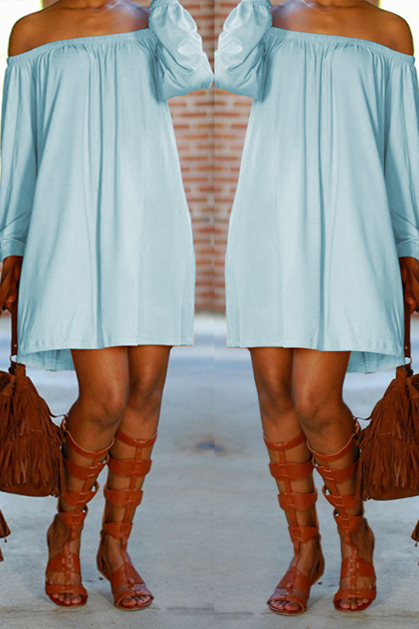 

Lovely Casual Dew Shoulder Baby Blue Mini Dress