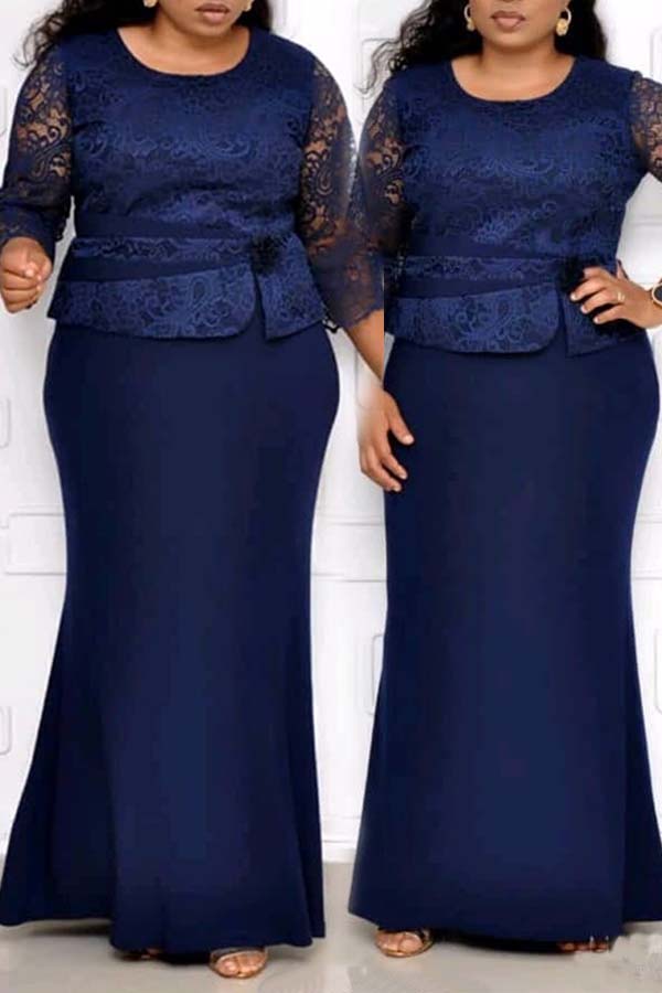 

Lovely Casual Patchwork Dark Blue Floor Length Plus Size Dress
