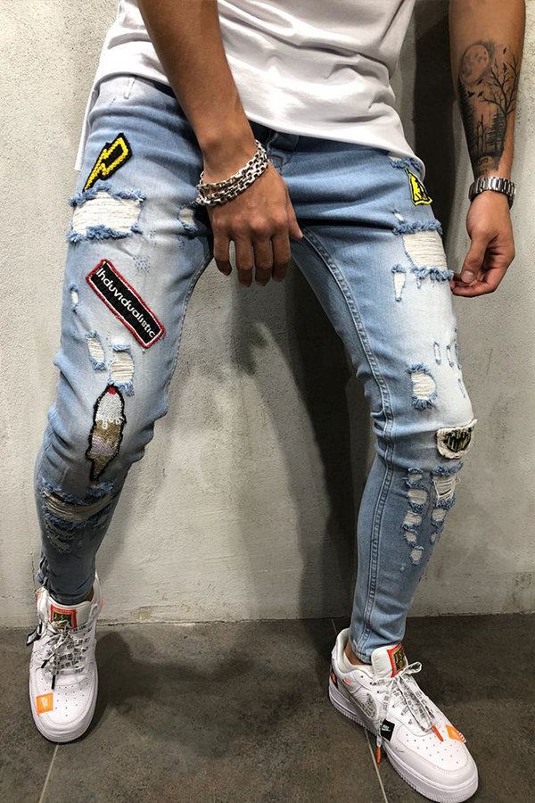 

Lovely Casual Patchwork Baby Blue Jeans