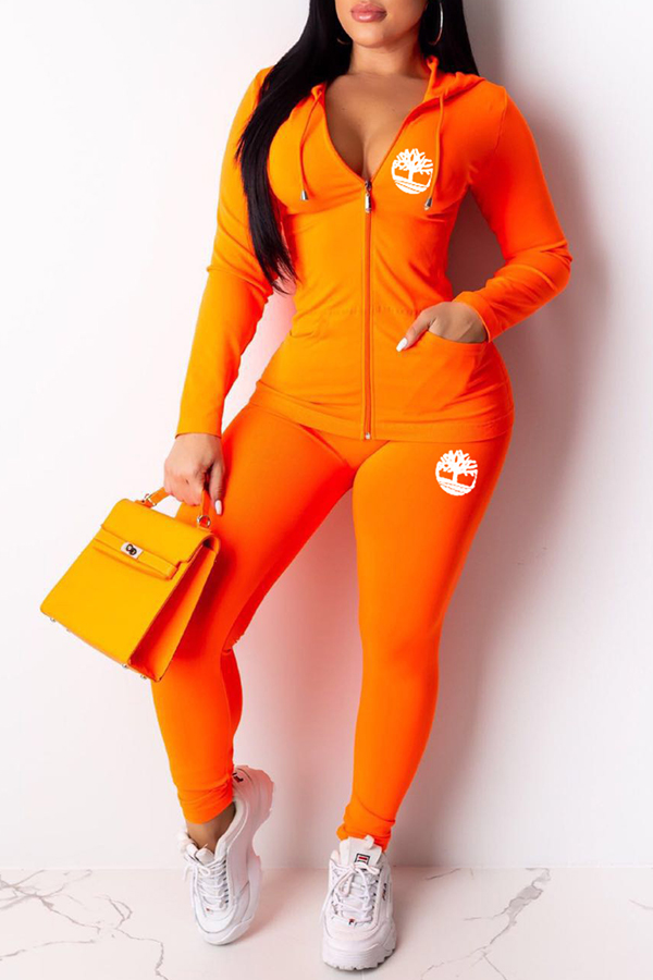 Cheap Two-piece Pants Set Lovely Casual Hooded Collar Orange Two-piece