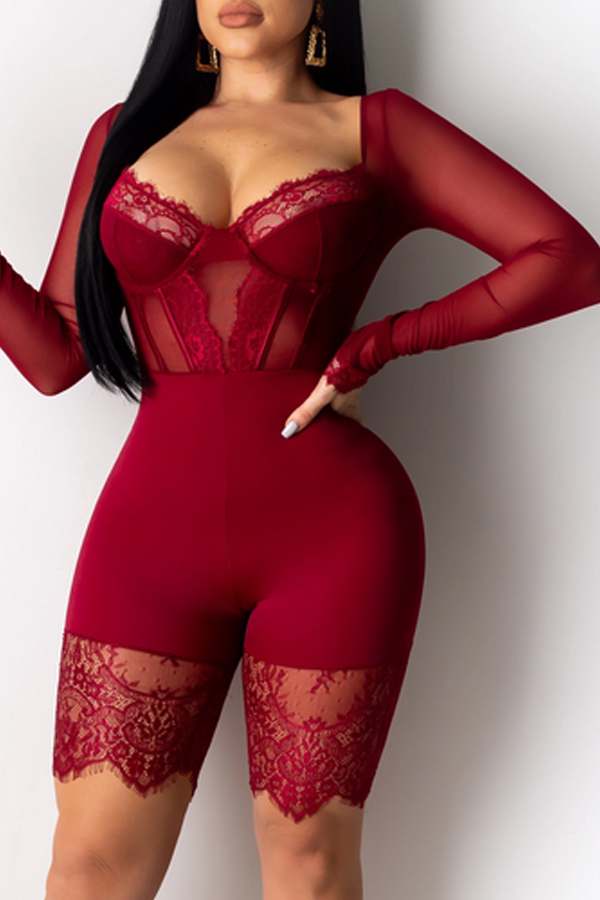 Cheap Rompers Lovely Sexy See-through Patchwork Red One-piece Romper