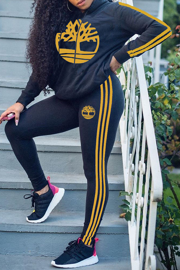 

Lovely Casual Hooded Collar Printed Black Two-piece Pants Set
