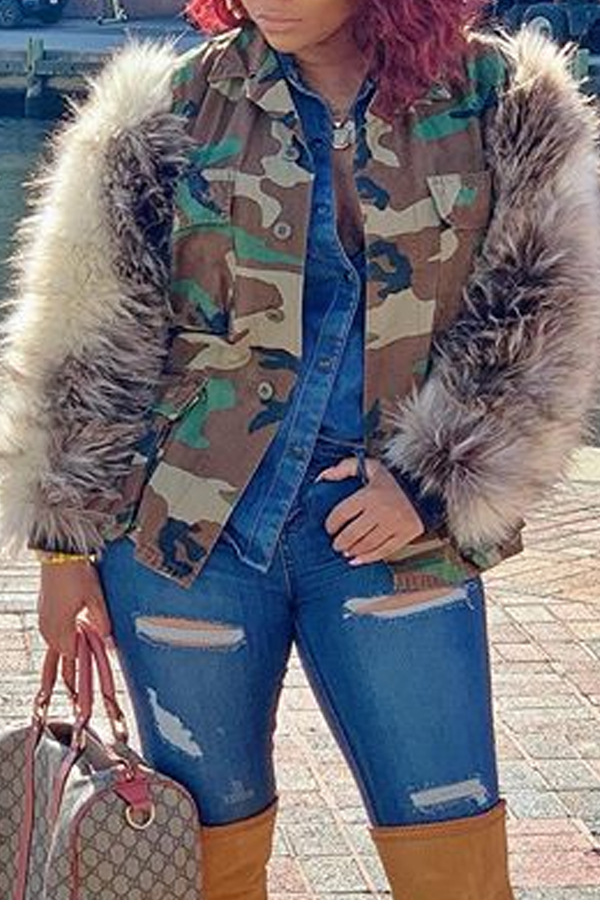 

Lovely Winter Patchwork Camouflage Printed Coat, Camo