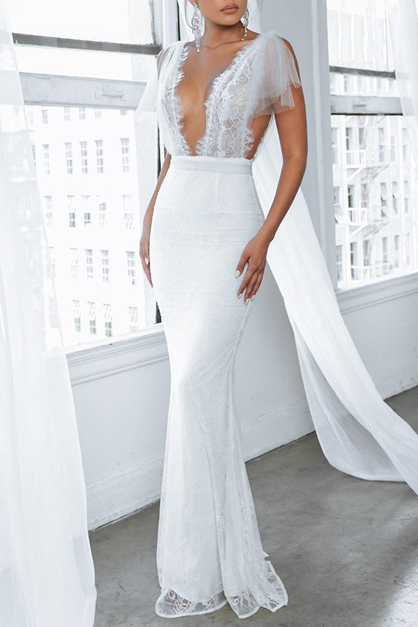 

Lovely Party See-through Backless White Trailing Prom Dress
