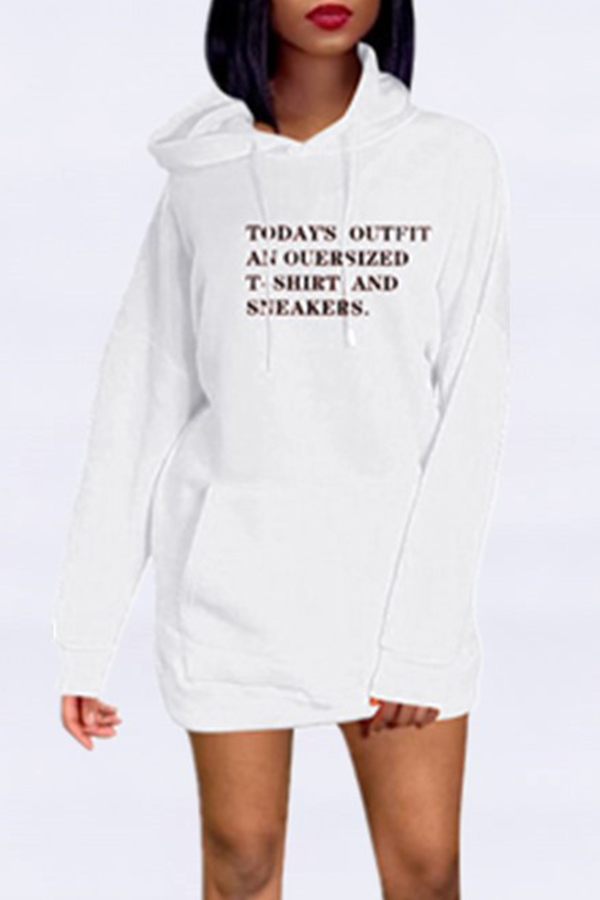 

Lovely Casual Hooded Collar Letter Printed White Mini Dress