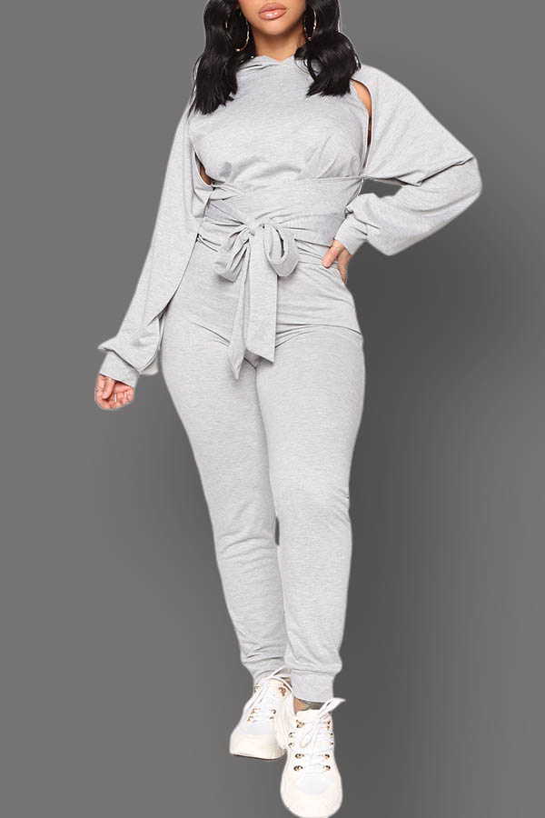 

Lovely Casual Bandage Design Grey Two-piece Pants Set