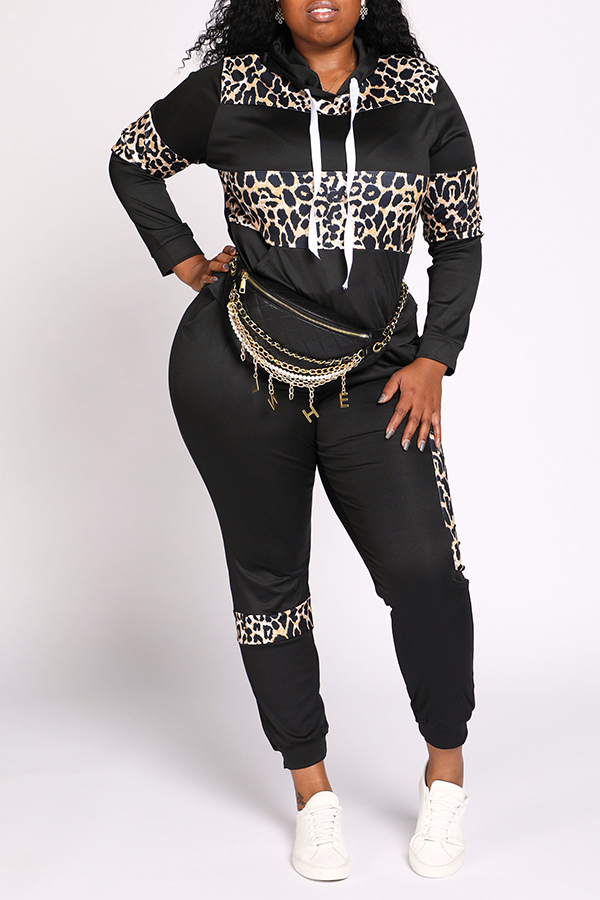 

Lovely Casual Leopard Printed Black Plus Size Two-piece Pants Set