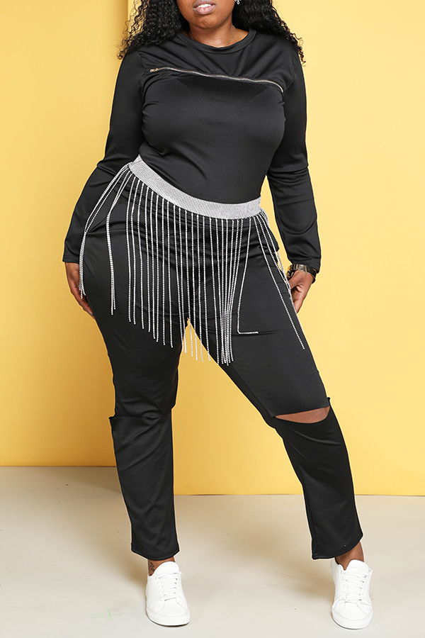 

Lovely Trendy Hollow-out Black Plus Size Two-piece Pants Set